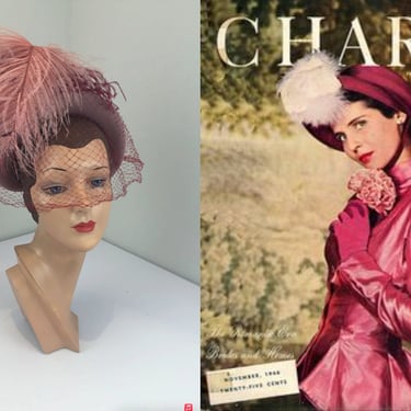Springtime Abroad With Shopping - Vintage 1940s Mauve & Burgundy Pink Wool Felt Bonnet Hat w/Feather Drape 