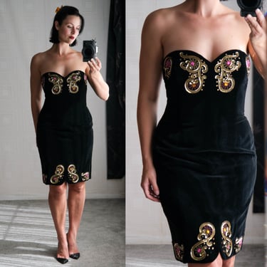 Vintage 90s ESCADA Black Velvet Sweetheart Strapless Mini Dress w/ Metallic Sequin & Beaded Design | Made in Germany | 1990s Designer Dress 