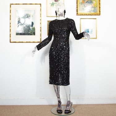 Vintage 1980s Black Sequin Silk Wiggle Dress Long Sleeve Cocktail Party Midi Length Size S UK 10 