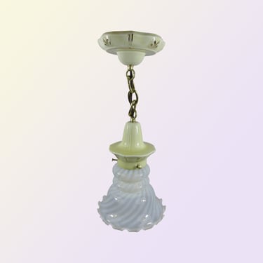 Refurbished Deco Era Pendant Light - Yellow Porcelain Fixture with Fenton Swirl Decorative Shade - 16