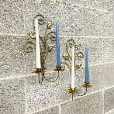 Vintage Candle Wall Sconces Retro 1980s Gold Metal + Set of 2 Matching + Wall Mounted + Candle Holders + Home Decor and Mood Lighting 