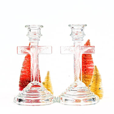 VINTAGE: Pair of glass Crucifix Candlestick Holders - Holiday - Christmas - Religion - SKU 27-B-00016705 