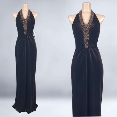 VINTAGE 90s Y2K Brown Velvet Formal Dress with Beading Sz 8 by JS Boutique NWT | 1990s Stretch Ruched Special Occasion Halter Prom Gown vfg 