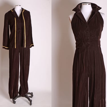 1970s Dark Chocolate Brown Velvet Sleeveless High Collar Two Piece High Waisted Jumpsuit with Matching Brown Velvet and Gold Soutache Jacket 