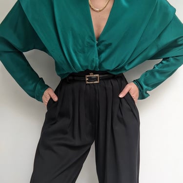 Vintage Jade Silk Draped Collar Blouse