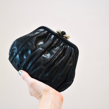 80s Vintage Black clutch Evening Bag Black Snake Skin Clutch Crystal Bow// Vintage Black Leather Clutch with Gold Rhinestone trim 