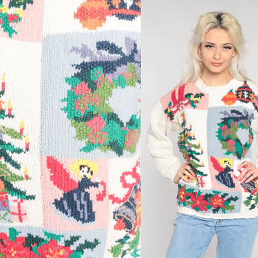 Christmas Tree Sweater 90s Holidays Sweater Winter Wreath Angel Floral White Retro Knit Ugly Xmas Sweater Vintage 1990s Cotton Ramie Small S 