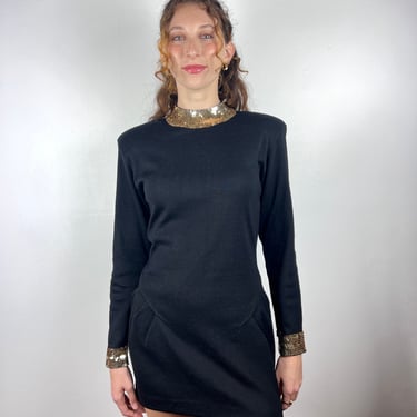 Vintage 80s Black Wool Mini Dress Gold Sequin / Body Con Black Stretchy Dress / 1980s 1990s 90s Bandage / Shoulder Pads Sexy / XS Small 