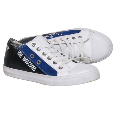 Love Moschino - White, Blue, &amp; Black Lace Up Sneaker Sz 8
