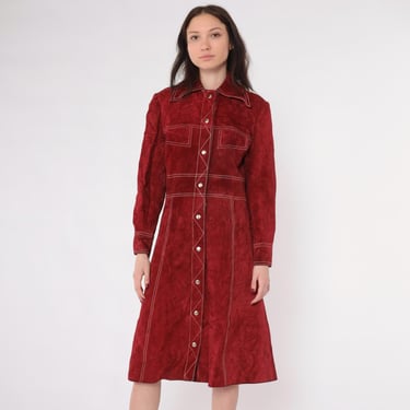 70s Red Suede Trench Coat Bohemian Leather Jacket Snap Button Up Trenchcoat Boho Hippie Jacket 1970s Seventies Mid Length Small S 
