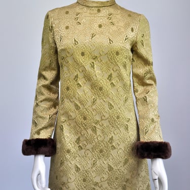 vintage 1960s olive gold silk floral brocade mod mini dress w/ fur cuffs XS/S 