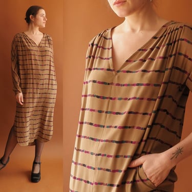 Vintage 80s Silk Dress with Batwing Sleeves/ Size Medium 