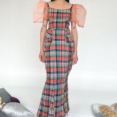 Tulle Sleeved Plaid Dress (S)