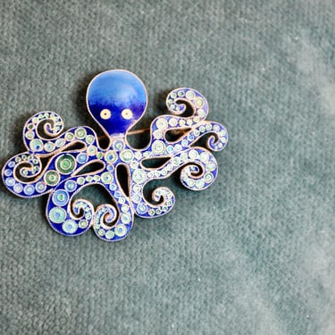 Cloisonne Enamel On Sterling Silver Octopus Brooch Pin Vintage Bright Colorful Cobalt Blues and Geens Gift for Her Beach Ocean Theme Rare 