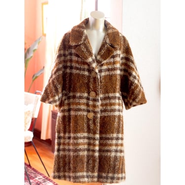 Vintage Plaid Swing Coat  - 1960s - Fuzzy Wool Coat - Betty Rose 