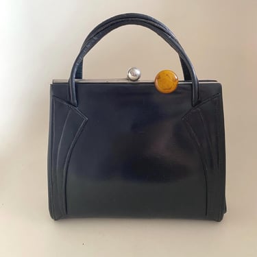 Antique Art Deco 1930s Modernist Bakelite  Chrome & Navy blue Leather handbag purse by BakeliteBa