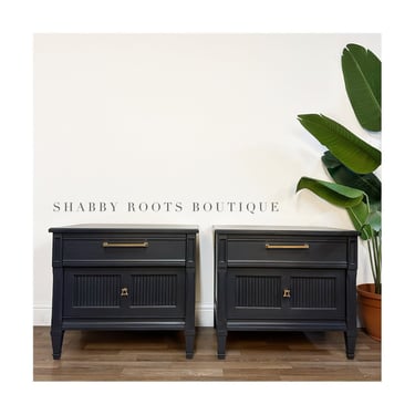 NEW! Dark Charcoal Blue set of vintage mid century modern nightstands fluted drawers by Shab