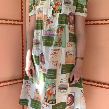 1960s does 1930s Advertisements Print Dress - Size S/M