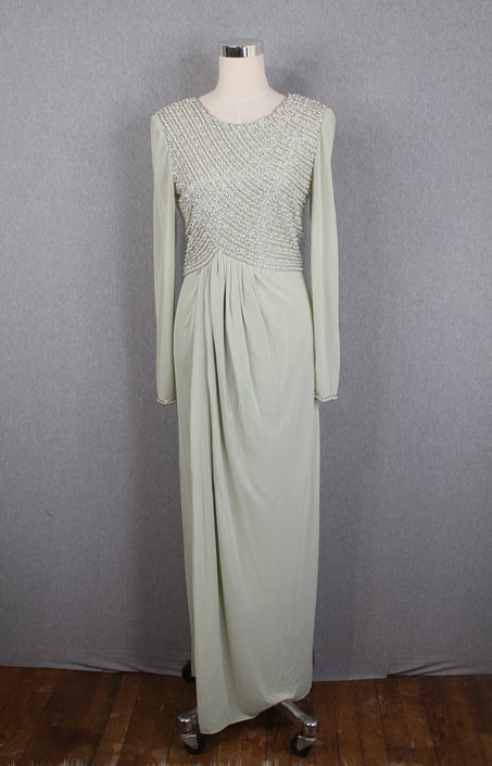 1970s 1980s Beaded Evening Gown by Victoria - Sage Green, Mint Green - Pearl Beading - Black Tie, Formal, Cocktail Party - Pageant Gown 