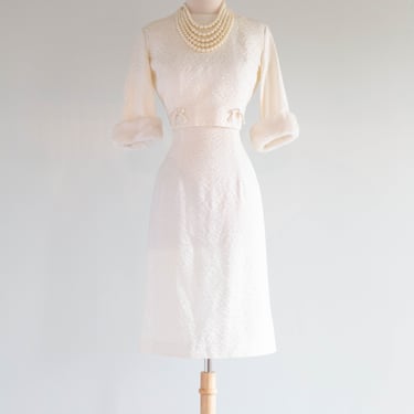 Darling 1950's Winter White Brocade Wiggle Dress And Jacket / M