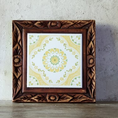 Vintage Floral Tile Trivet, with Wood Frame, Yellow, Green, and White Vintage Tile 