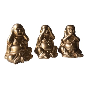 Vtg 8” Ceramic HEAR/SEE/SPEAK No Evil Buddha Figurines | x 3 Gold Happy Buddhas | Japanese Lucky Bookends | Feng Shui Meditation Statues 