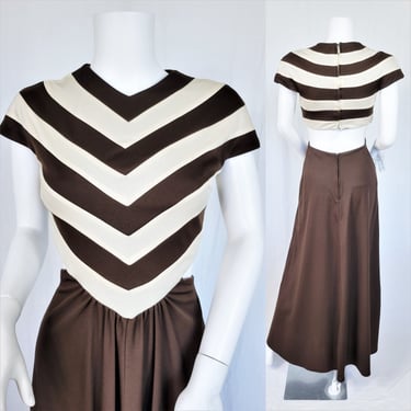 Jack Hartley 1970's Brown Cream Chevron Stripe Split Bodice Long Maxi Dress I Sz Sm I Deco Style 