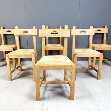 Vintage oak and wicker brutalist chairs, 1960s - vintage side chairs - wooden dining chairs - spanish brutalist chairs 