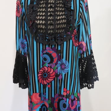 Vintage Y2K Anna Sui Silk Patterned Shift Dress w/ Lace Bell Sleeves Blue Size 4 