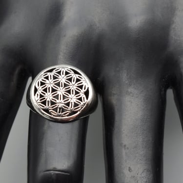 90's 925 silver size 7.5 psychedelic flowers ring, open work sterling geometric floral shield 