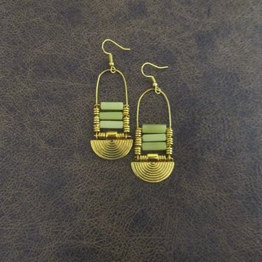 Chandelier earrings, lime green jadeite stone, brass gold earrings, ethnic earrings, bold statement earrings, African Afrocentric earrings 