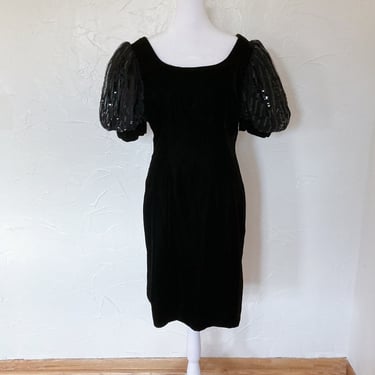 80s Black Sequined Velvet Party Dress with Balloon Mesh Net Sleeves | Medium 