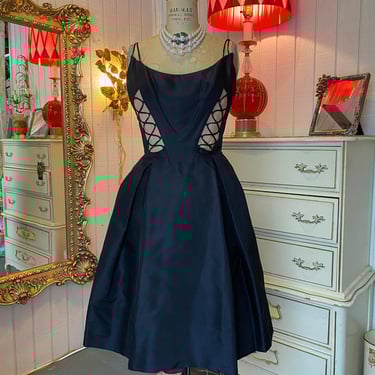 vintage 1950s Oleg Cassini dress lace up corset xs fit and flare 50s cocktail 26 