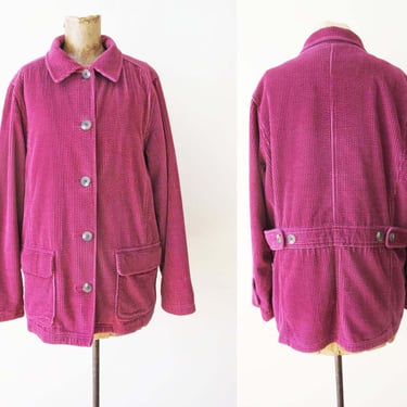 2000s LL Bean Corduroy Chore Jacket S M - Magenta Pink Quilted Lined Chunky Wide Wale Cord Button Up 