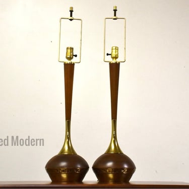 Walnut and Brass Table Lamps - A Pair 