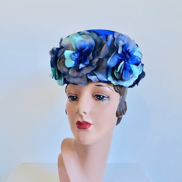 Vintage 1960's Blue and Turquoise Silk and Satin Floral Hat Toque Spring Summer 60's Millinery Jan Leslie 