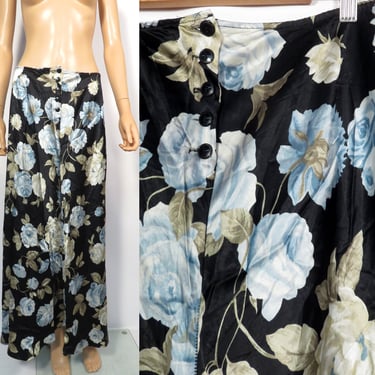Vintage 90s Satin Low Rise Blue Rose Print Maxi Skirt Made In USA Size M/L 