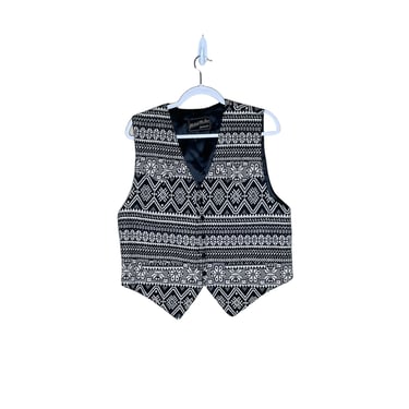 Vintage Black and White Woven Southwestern Western Tapestry Vest, Size M 