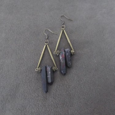Raw quartz geode black crystal and bronze earrings 
