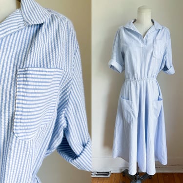 Vintage 1980s Blue and White Seersucker Shirtwaist Dress / L 
