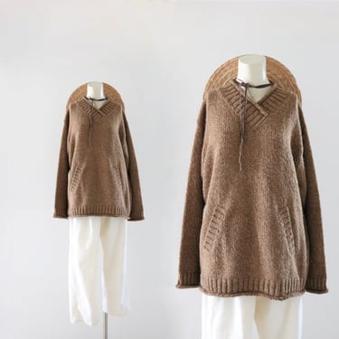 pecan pocketed wool sweater - l - vintage 90s y2k womens brown size large long sleeve knit pullover sweater 