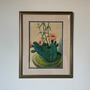 1980's Edithe E.  Perrine Botanical Cactus Watercolor  Painting, Framed 