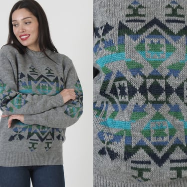 Pendleton Southwestern Sweater / Grey Rainbow Knit Chief Joseph Design / Vintage Native American Unisex Wool Jumper XL 