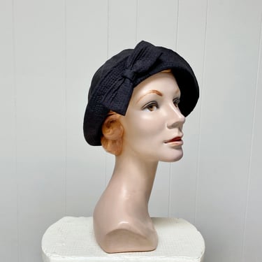Vintage 1950s Black Taiko Fabric Bucket Hat, Herbert Johnson Mid-Century Sou'Wester Style Bonnet 