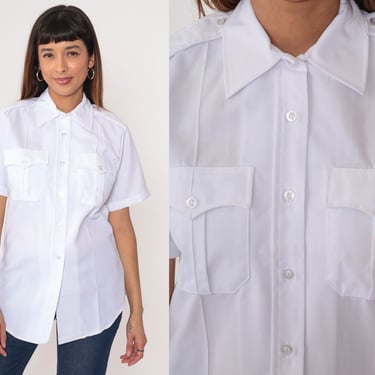 White Utility Shirt 80s Flying Cross Uniforms Button Up Shirt Pocket Collared Law Enforcement Short Sleeve Vintage 1980s Medium 38 
