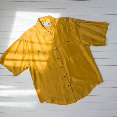 mustard yellow blouse | 80s 90s vintage oversized golden yellow silk short sleeve tunic shirt 