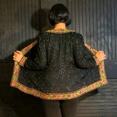 Beaded Trophy Statement Jacket • Formal Duster Cover Up • Jewel Tone Beads Black Silk • Special Event • Gold Red Green Sparkle • Tan-Chho 