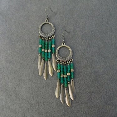 Bronze and green frosted glass chandelier earrings 