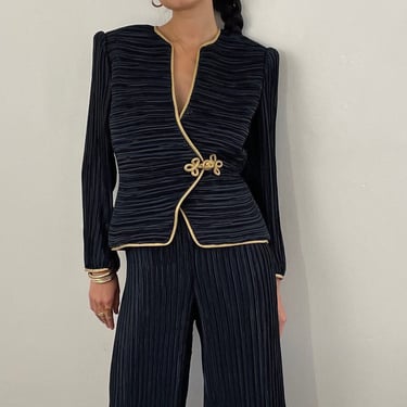 80s plissé pant suit / vintage Couture black + gold micro fortuny pleats plissé cropped blazer + palazzo pants cocktail formal pant suit 