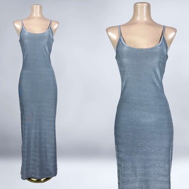 VINTAGE 90s Metallic Silver Slinky Spandex Maxi Slip Dress | 1990s Grunge Tank Bodycon Dress | VFG 